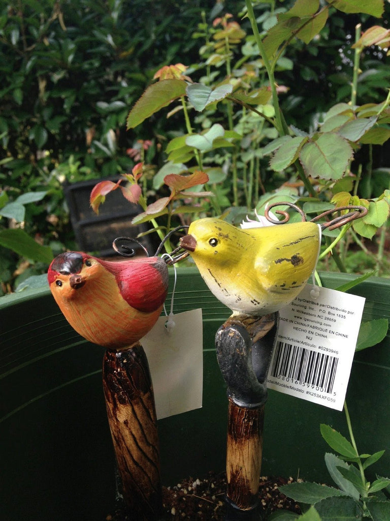 Set of 2 Poly Resin Bird Topped Garden Stake Shovel and Fork Yellow and Green/Red and Green