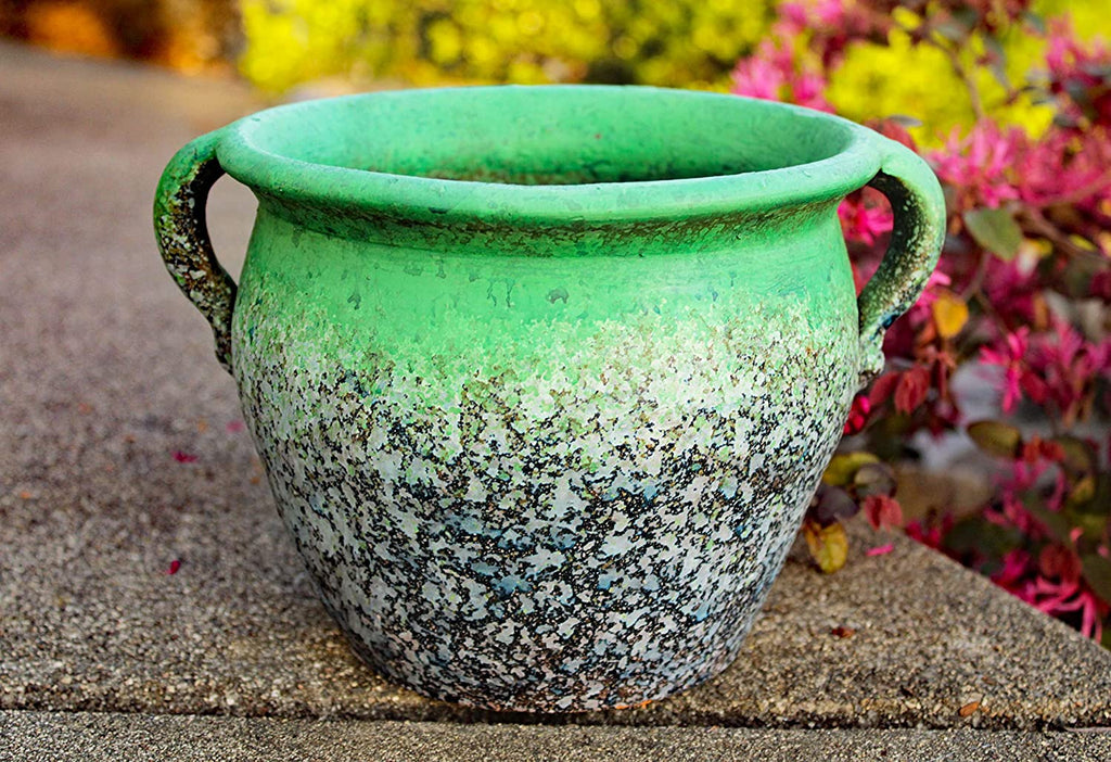 Egyptian Era Designed Earthen Ware Terra-Cotta Vessel/Planter with Looped Handles. Distressed Teal Green