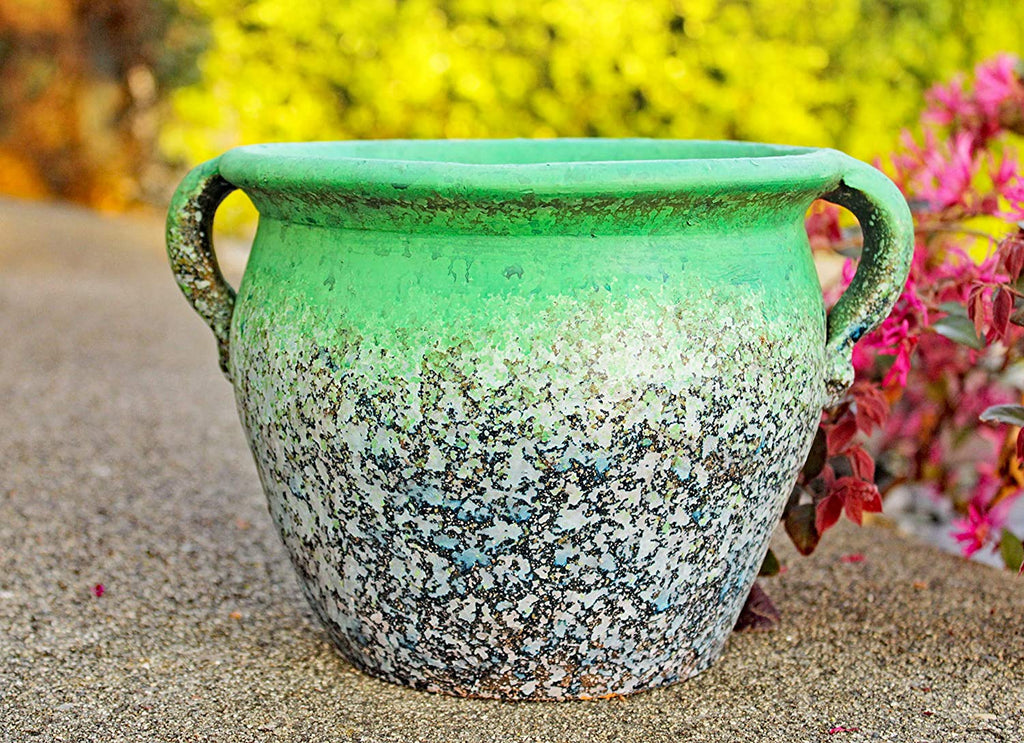 Egyptian Era Designed Earthen Ware Terra-Cotta Vessel/Planter with Looped Handles. Distressed Teal Green