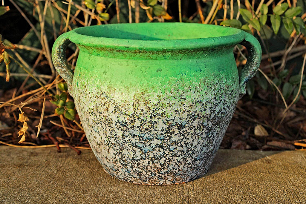 Egyptian Era Designed Earthen Ware Terra-Cotta Vessel/Planter with Looped Handles. Distressed Teal Green