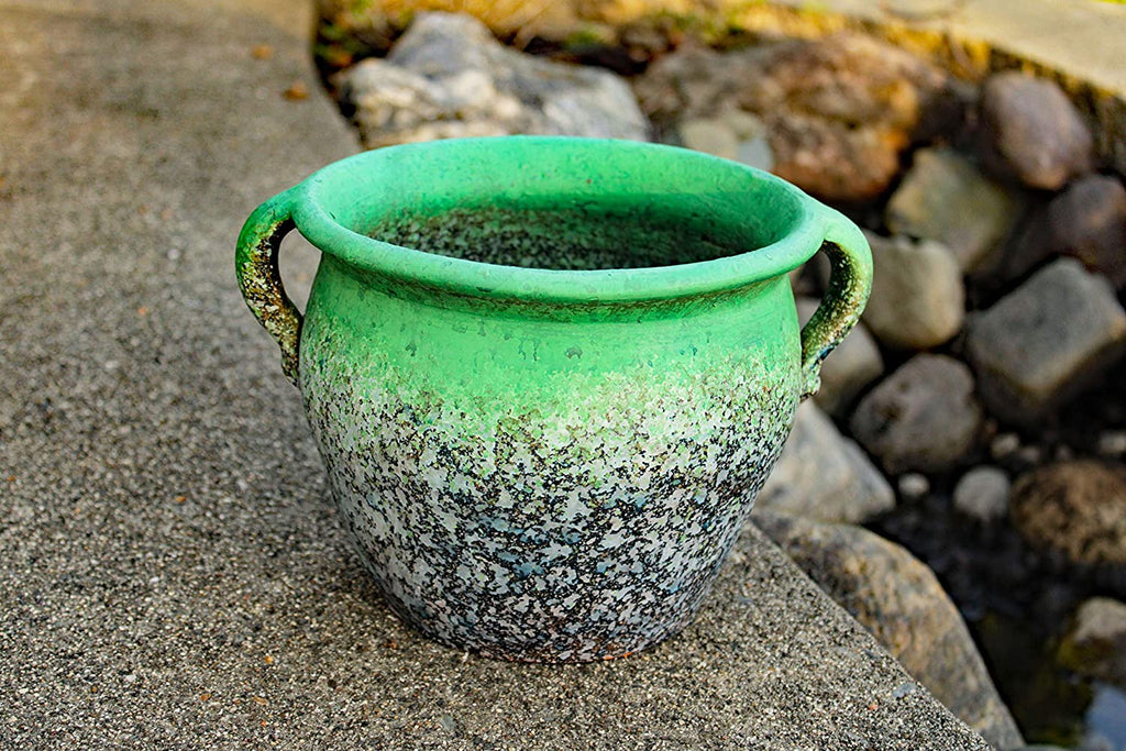 Egyptian Era Designed Earthen Ware Terra-Cotta Vessel/Planter with Looped Handles. Distressed Teal Green