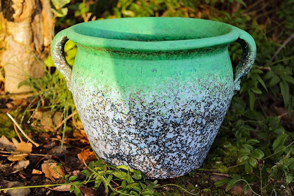 Egyptian Era Designed Earthen Ware Terra-Cotta Vessel/Planter with Looped Handles. Distressed Teal Green
