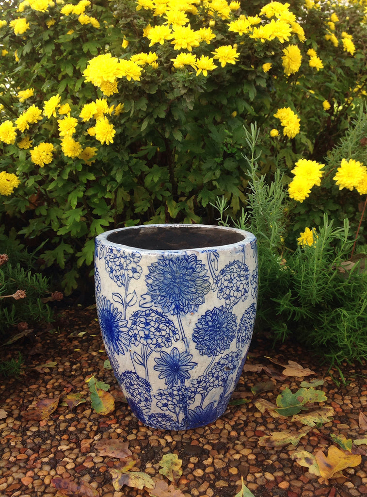 blue and white flower pot planter Old world vintage blue and white ceramic garden planter 3 different designs available