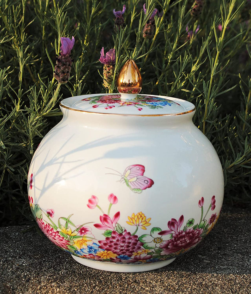 Beautiful Colored Enamel Porcelain Decorative Multi-Color Floral Helmet Jar or Vase.