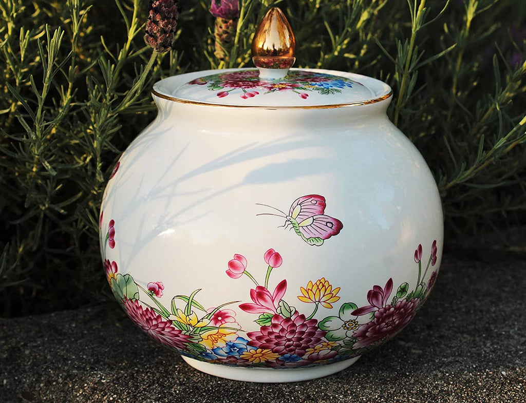 Beautiful Colored Enamel Porcelain Decorative Multi-Color Floral Helmet Jar or Vase.
