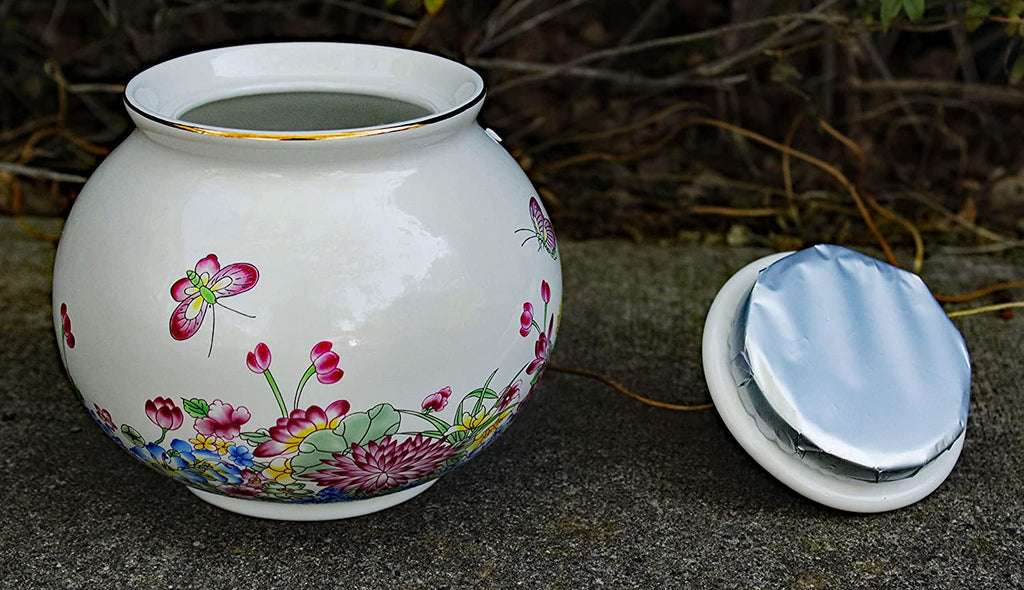 Beautiful Colored Enamel Porcelain Decorative Multi-Color Floral Helmet Jar or Vase.