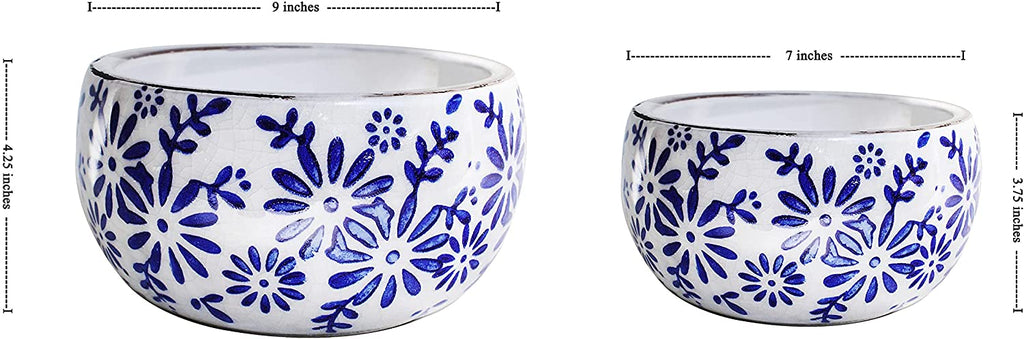 Old World Vintage Blue and White Ceramic Daisy Pattern Garden pots Available in 2 Sizes