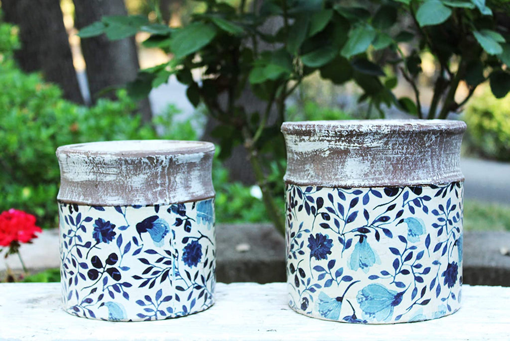 Old World Ceramic Blue and White Asian Floral Round planters, 2 sizes available