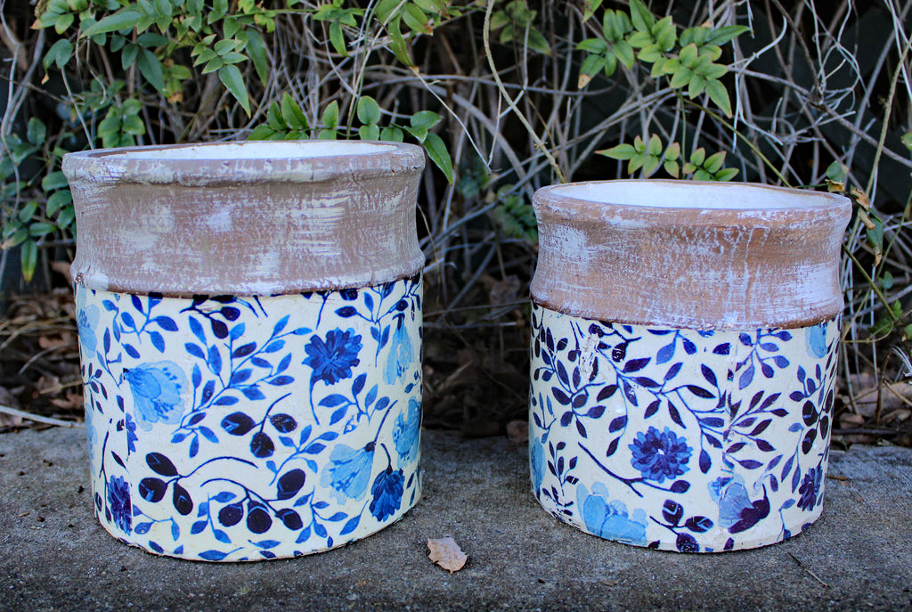 Old World Ceramic Blue and White Asian Floral Round planters, 2 sizes available