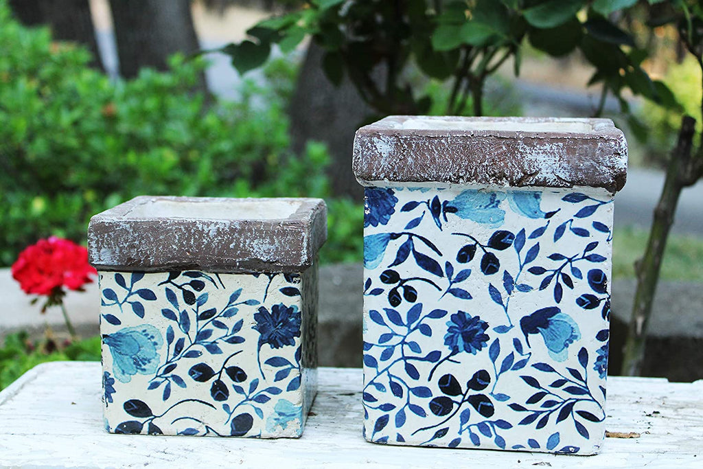 Set of 2 Old World Ceramic Blue and White Asian Floral Square planters or Garden pots
