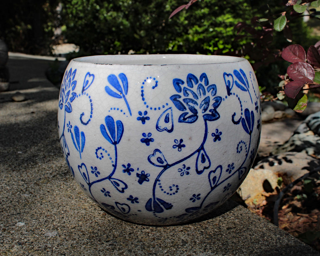 Old world hand-pressed blue and white floral ceramic pot, 2 prints available.