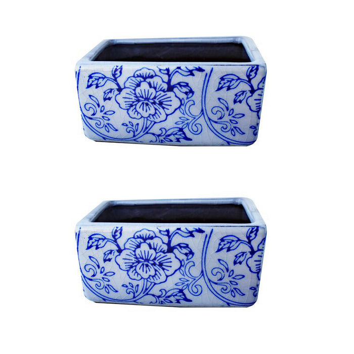 Set of 2 Small Old World Blue and White Floral Rectangle Pots