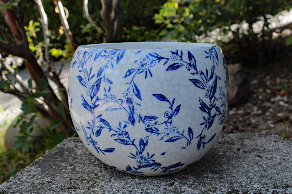 Old world hand-pressed blue and white floral ceramic pot, 2 prints available.