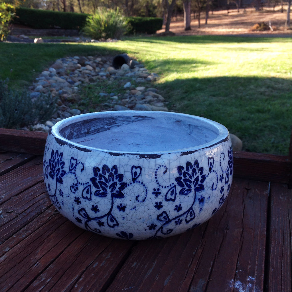 Old world hand-pressed blue and white ceramic floral garden pots, in 2 sizes with 2 prints