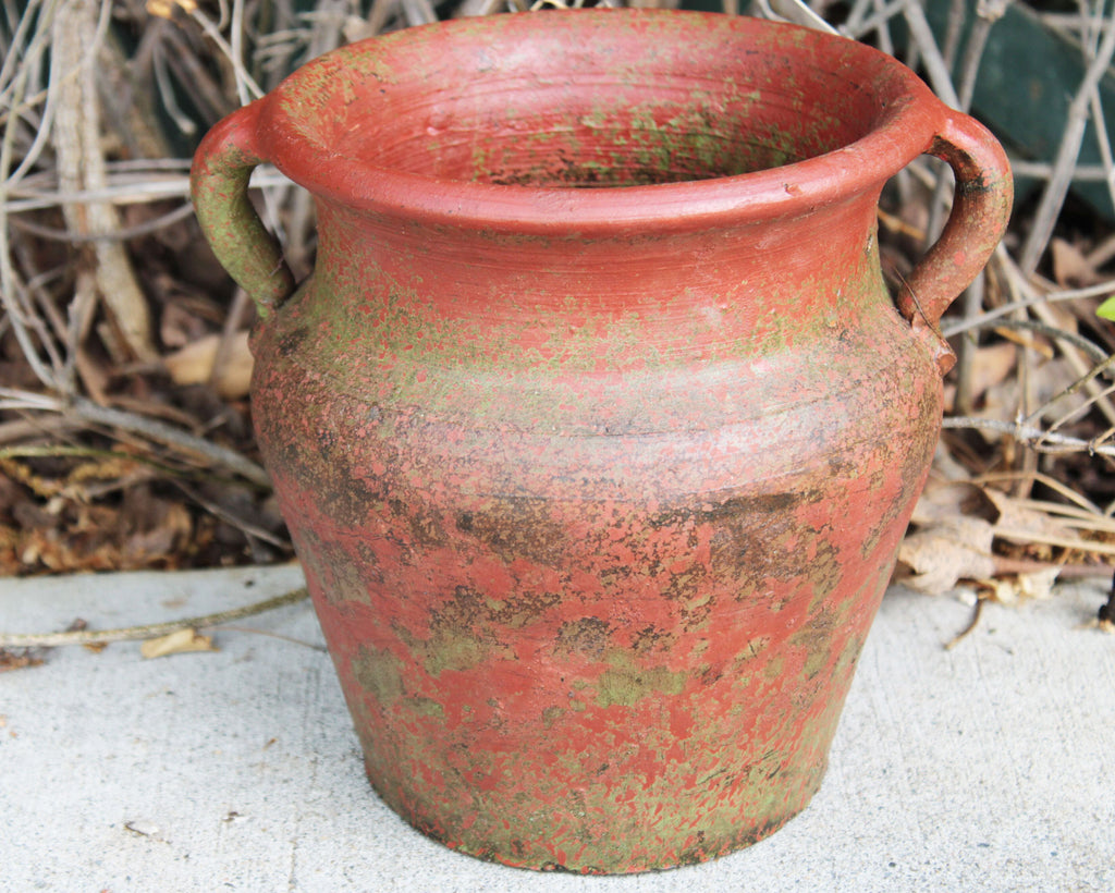 Egyptian Era Designed Earthen Ware Terra-Cotta Vessel/Planter with Looped Handles ,Flared Lip Distressed Red Earth