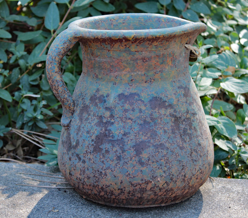Heavy Large Hand thrown Egyptian Era Pitcher shaped Planters with Metal badged "Garden Time". 2 colors available