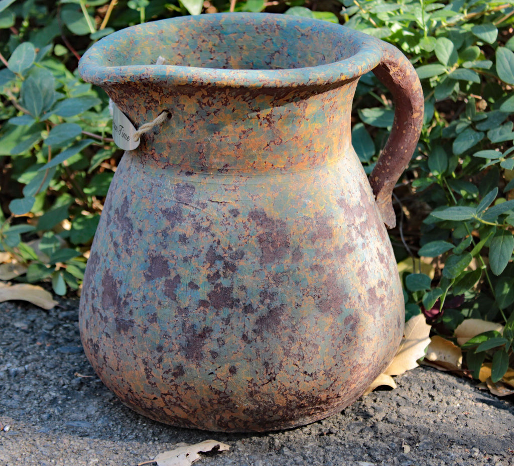 Heavy Large Hand thrown Egyptian Era Pitcher shaped Planters with Metal badged "Garden Time". 2 colors available