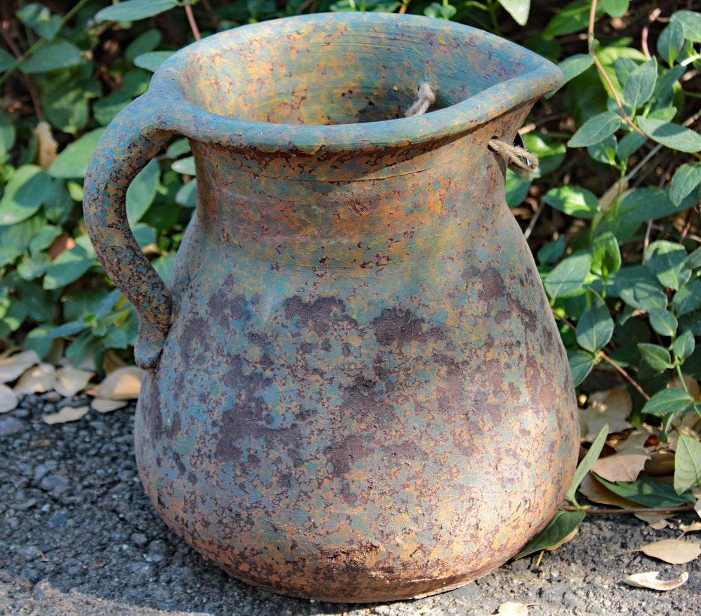 Heavy Large Hand thrown Egyptian Era Pitcher shaped Planters with Metal badged "Garden Time". 2 colors available