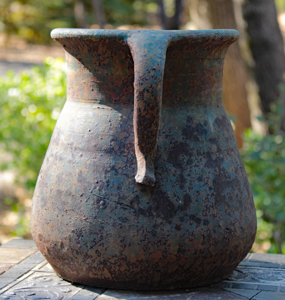 Heavy Large Hand thrown Egyptian Era Pitcher shaped Planters with Metal badged "Garden Time". 2 colors available