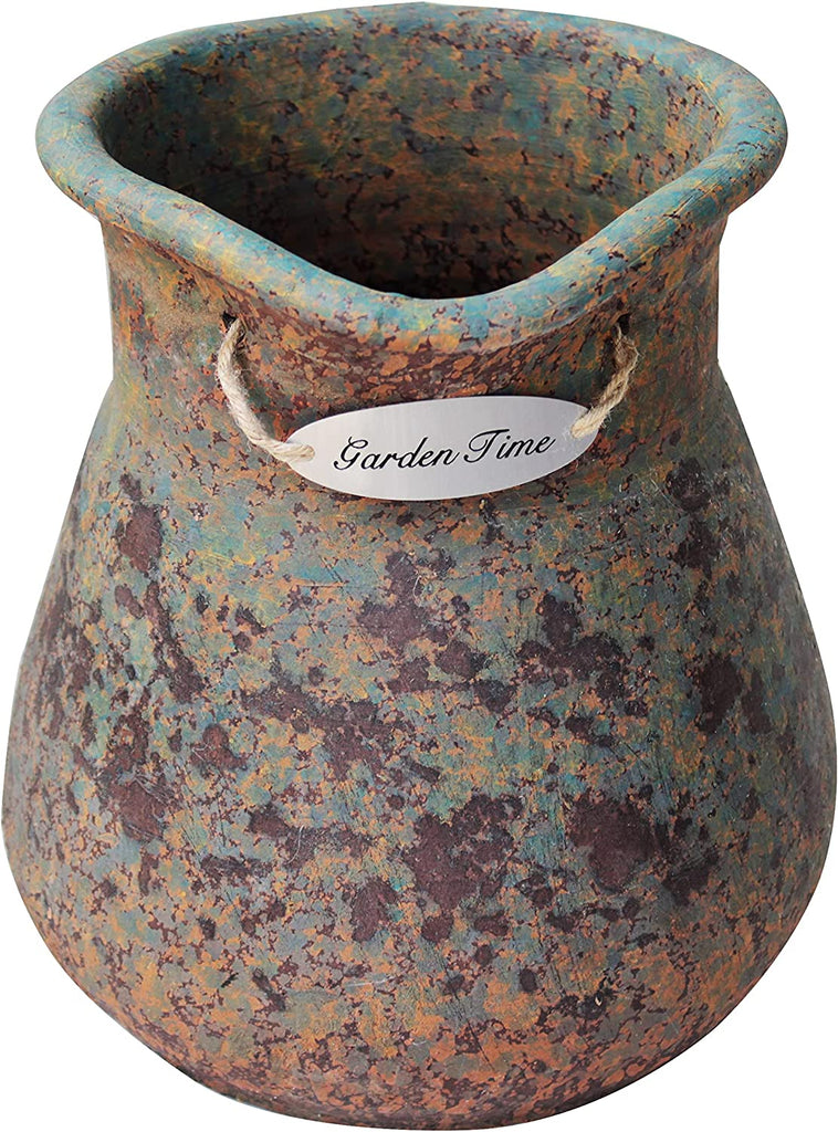 Heavy Large Hand thrown Egyptian Era Pitcher shaped Planters with Metal badged "Garden Time". 2 colors available