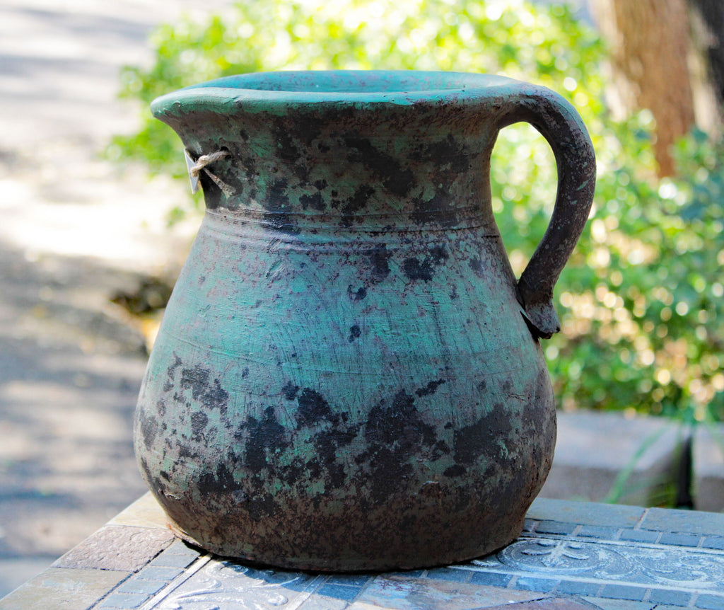 Heavy Large Hand thrown Egyptian Era Pitcher shaped Planters with Metal badged "Garden Time". 2 colors available