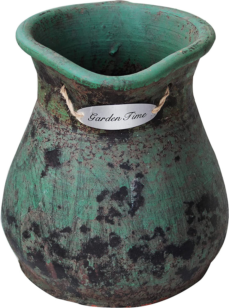 Heavy Large Hand thrown Egyptian Era Pitcher shaped Planters with Metal badged "Garden Time". 2 colors available