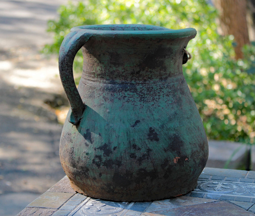 Heavy Large Hand thrown Egyptian Era Pitcher shaped Planters with Metal badged "Garden Time". 2 colors available