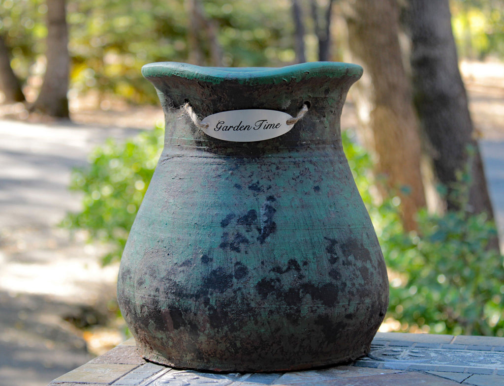 Heavy Large Hand thrown Egyptian Era Pitcher shaped Planters with Metal badged "Garden Time". 2 colors available