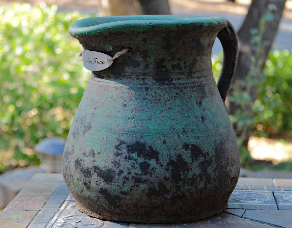 Heavy Large Hand thrown Egyptian Era Pitcher shaped Planters with Metal badged "Garden Time". 2 colors available