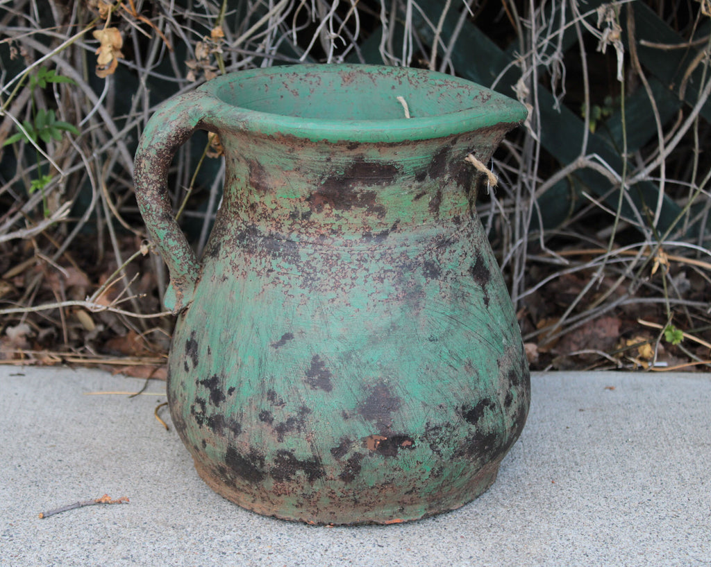 Heavy Large Hand thrown Egyptian Era Pitcher shaped Planters with Metal badged "Garden Time". 2 colors available