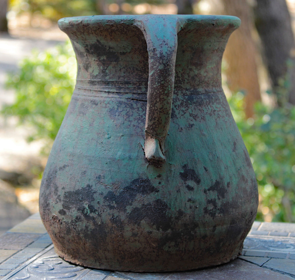 Heavy Large Hand thrown Egyptian Era Pitcher shaped Planters with Metal badged "Garden Time". 2 colors available