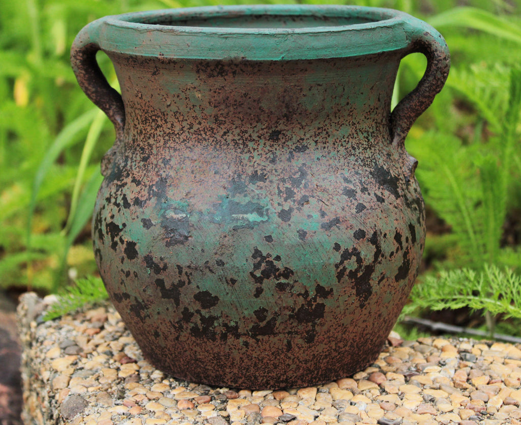 Egyptian Era Designed Earthen Ware Terra-Cotta Vessel/Planter with Looped Handles. Small Old Green