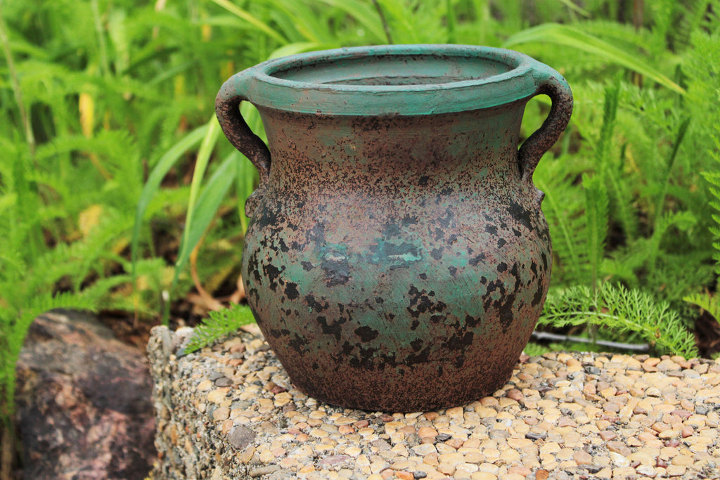 Egyptian Era Designed Earthen Ware Terra-Cotta Vessel/Planter with Looped Handles. Small Old Green