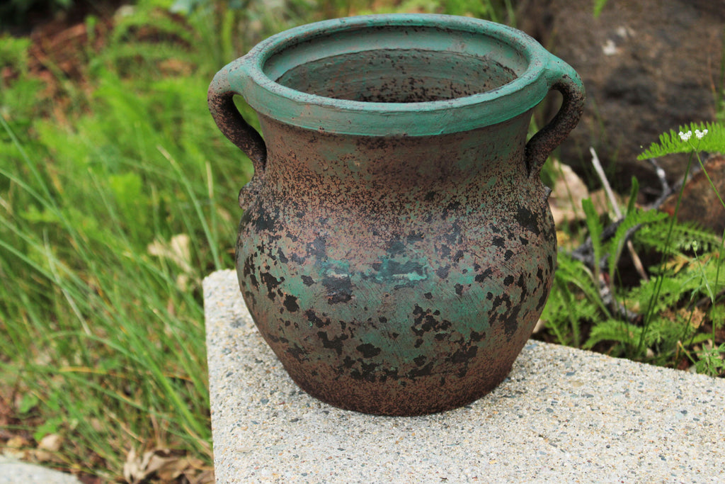 Egyptian Era Designed Earthen Ware Terra-Cotta Vessel/Planter with Looped Handles. Small Old Green