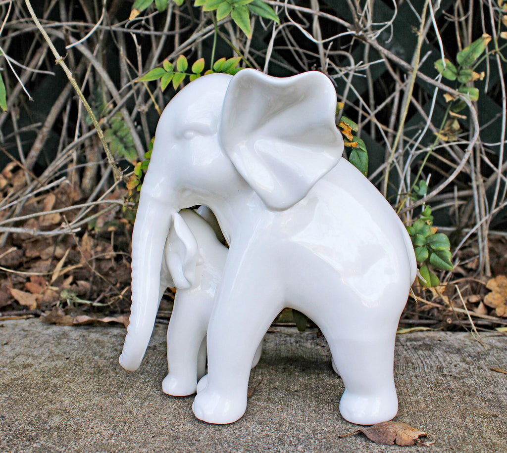 White Porcelain Mother and Baby Elephant Statue/figurine in High Gloss Finish.