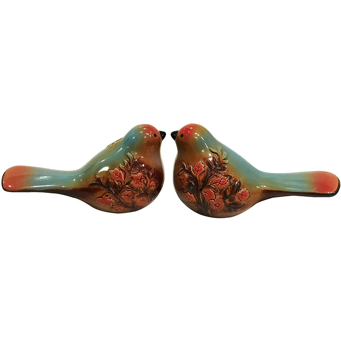 Set of 2 Ceramic Flower Embellished Multi-colored Bird Figurines.