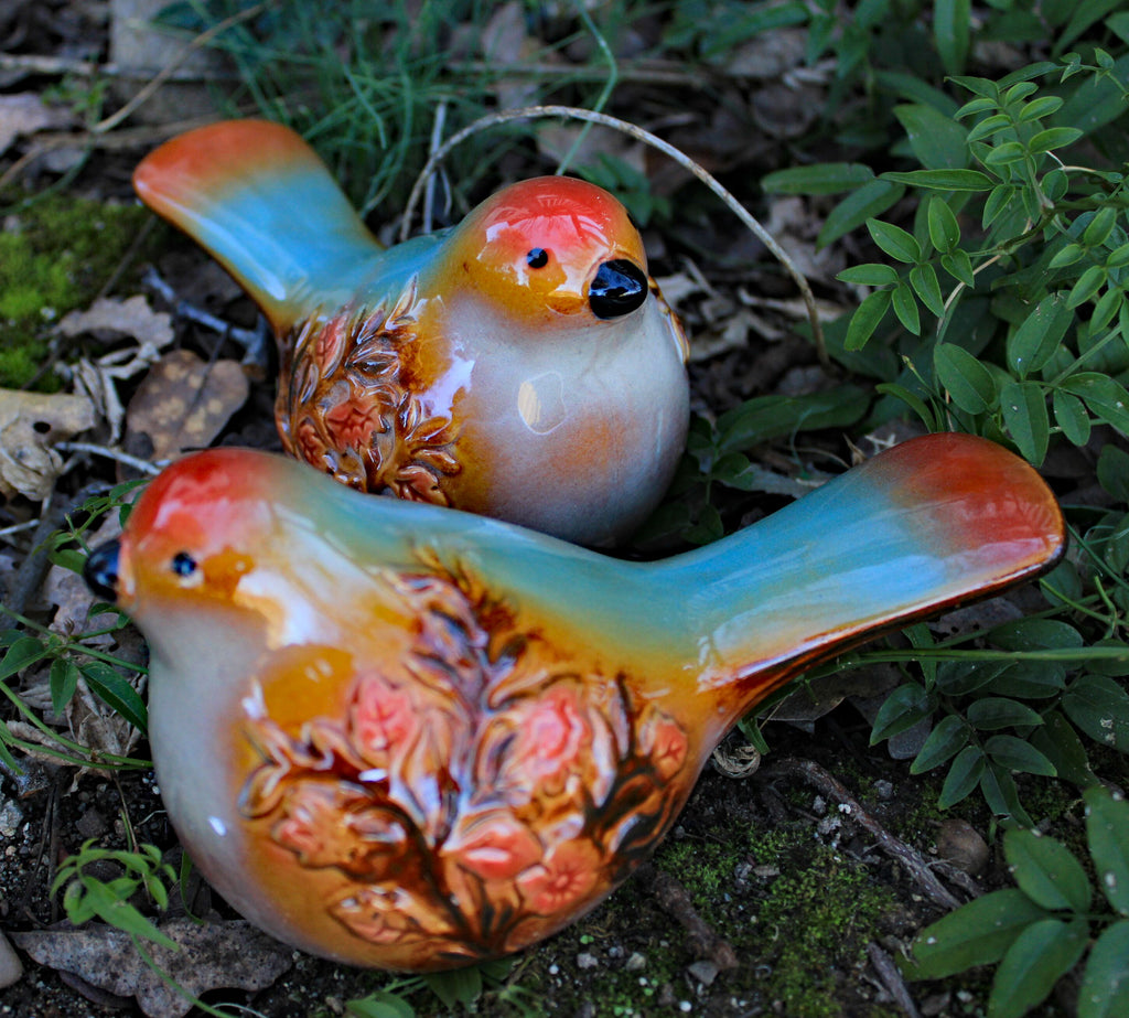 Set of 2 Ceramic Flower Embellished Multi-colored Bird Figurines.