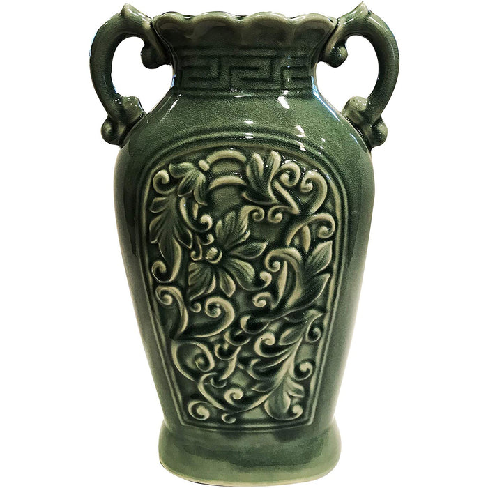 Fine Ceramic Porcelain Green Ancient Aged Floral Embellished Asian Water Container