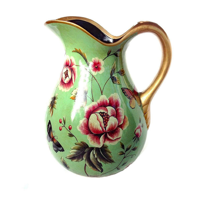 Country Time Flower and Butterfly Wrapped Display Pitcher. Green Body with Gold Trim