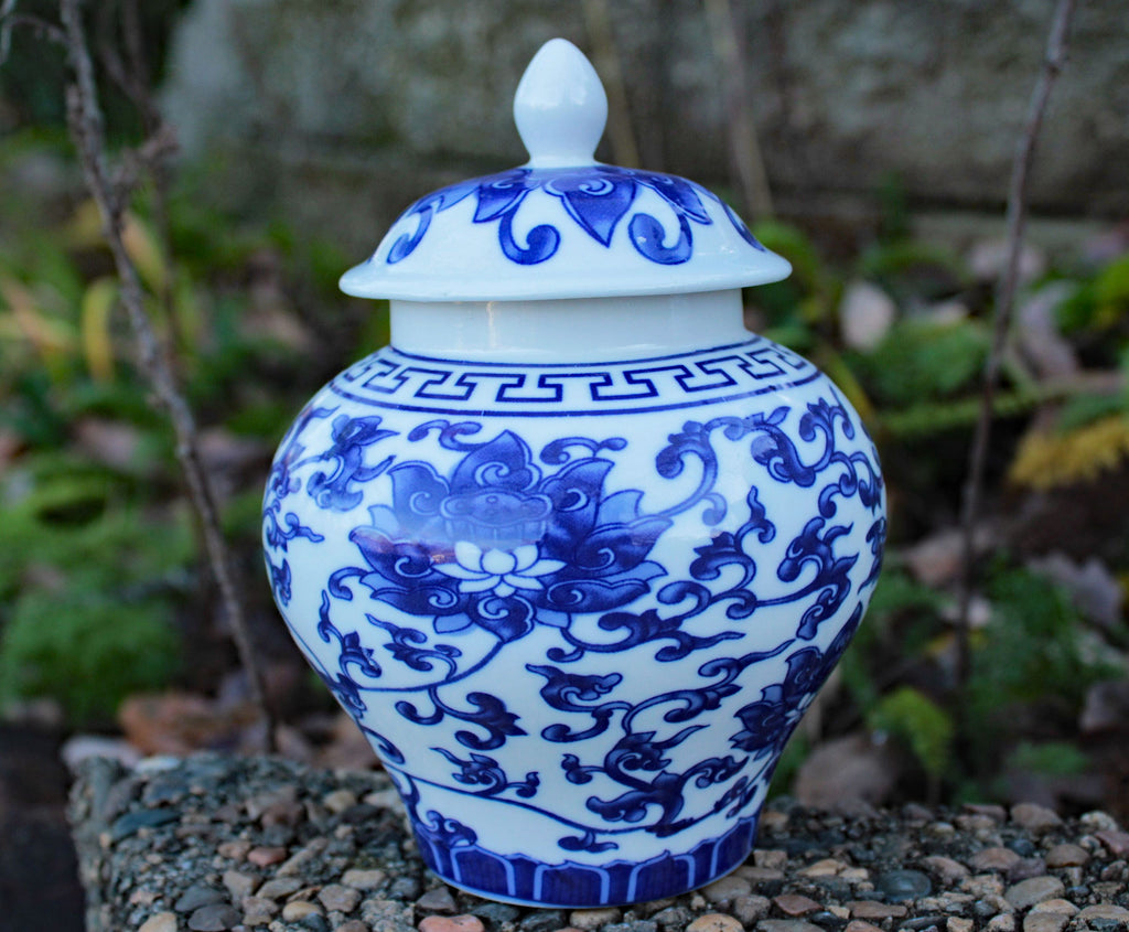 Ancient Chinese Style Blue and White Porcelain Lotus Helmet-Shaped Temple Jar, 2 sizes available