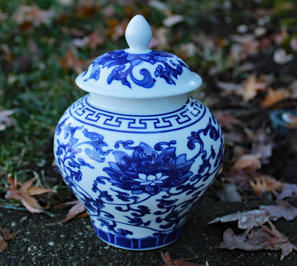 Ancient Chinese Style Blue and White Porcelain Lotus Helmet-Shaped Temple Jar, 2 sizes available