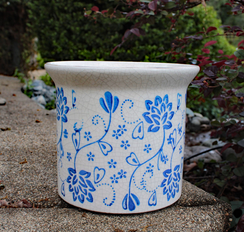 Hand Pressed Old World Ceramic Blue and White Flower Pattern Flared Lip planters