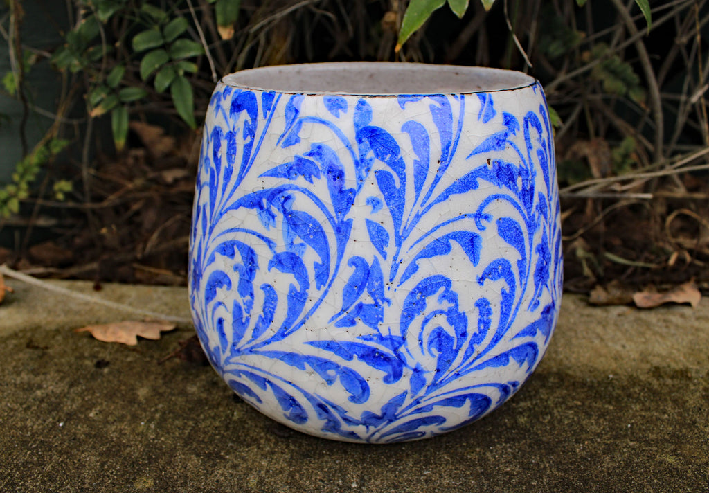 Blue and White Feather Tapered Round Planters or Garden Pots