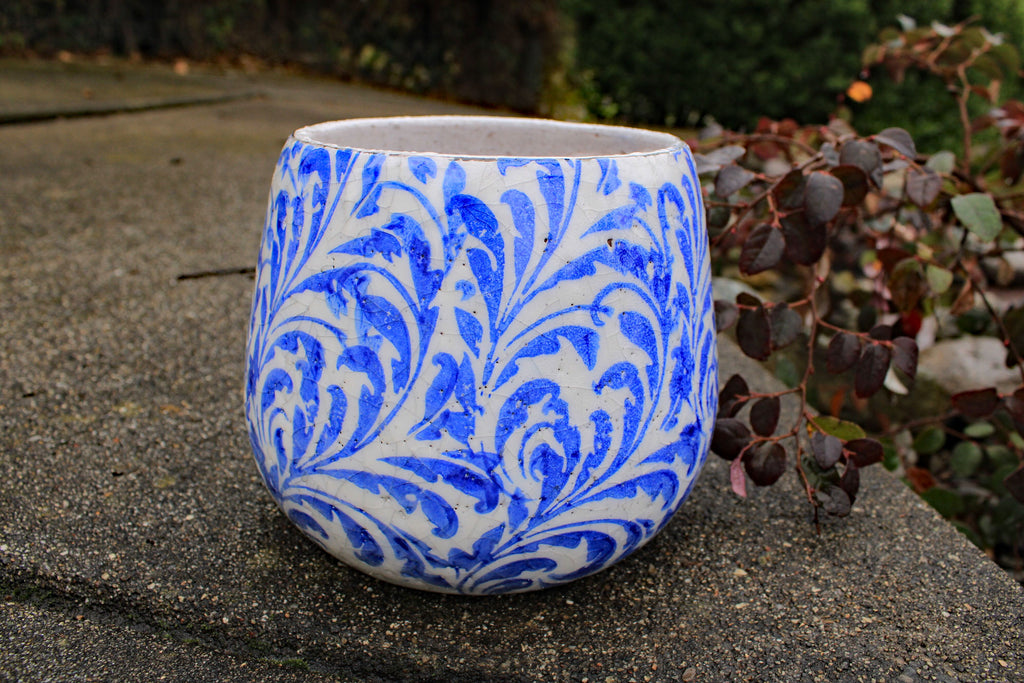 Blue and White Feather Tapered Round Planters or Garden Pots