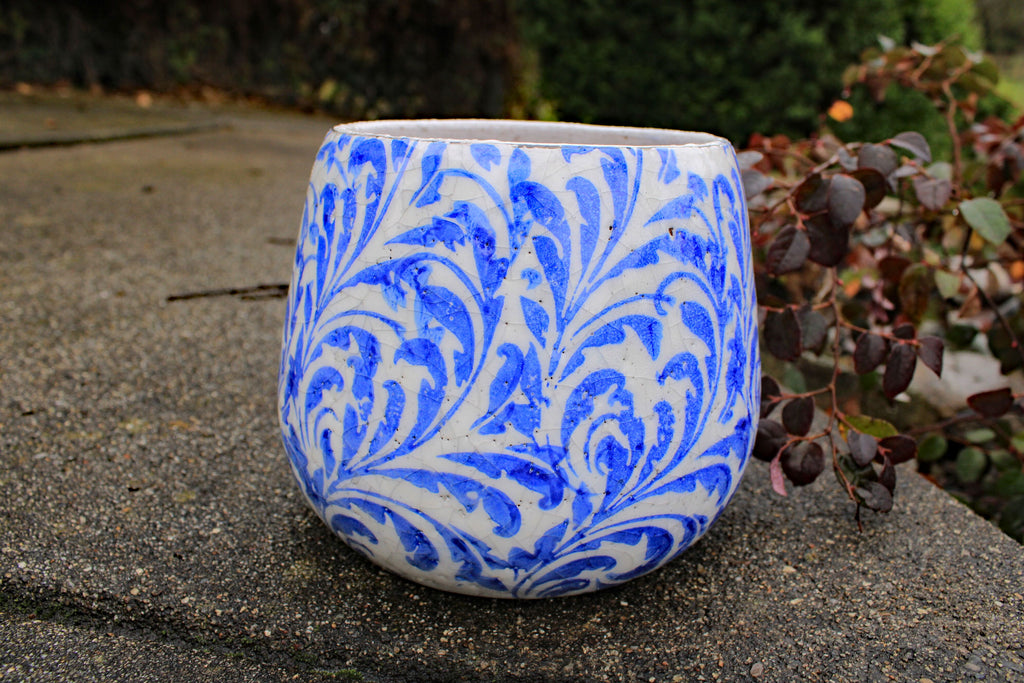 feather plant pots Blue and White Feather Tapered Round Planter or Garden Pot