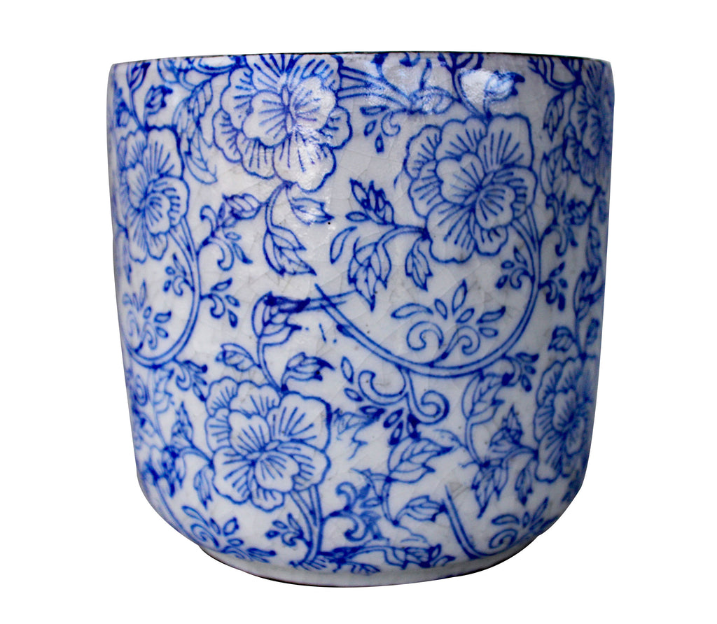 patterned plant pots Old World Ceramic Blue and White Pattern Round planters or Garden pots (Cylindrical Flower print 7.2 inches Tall)
