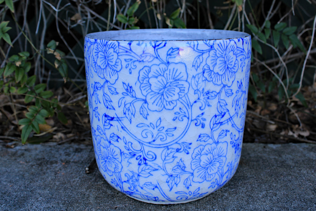 blue and white plant pots uk Old World Ceramic Blue and White Pattern Round planters or Garden pots (Cylindrical Flower print 7.2 inches Tall)