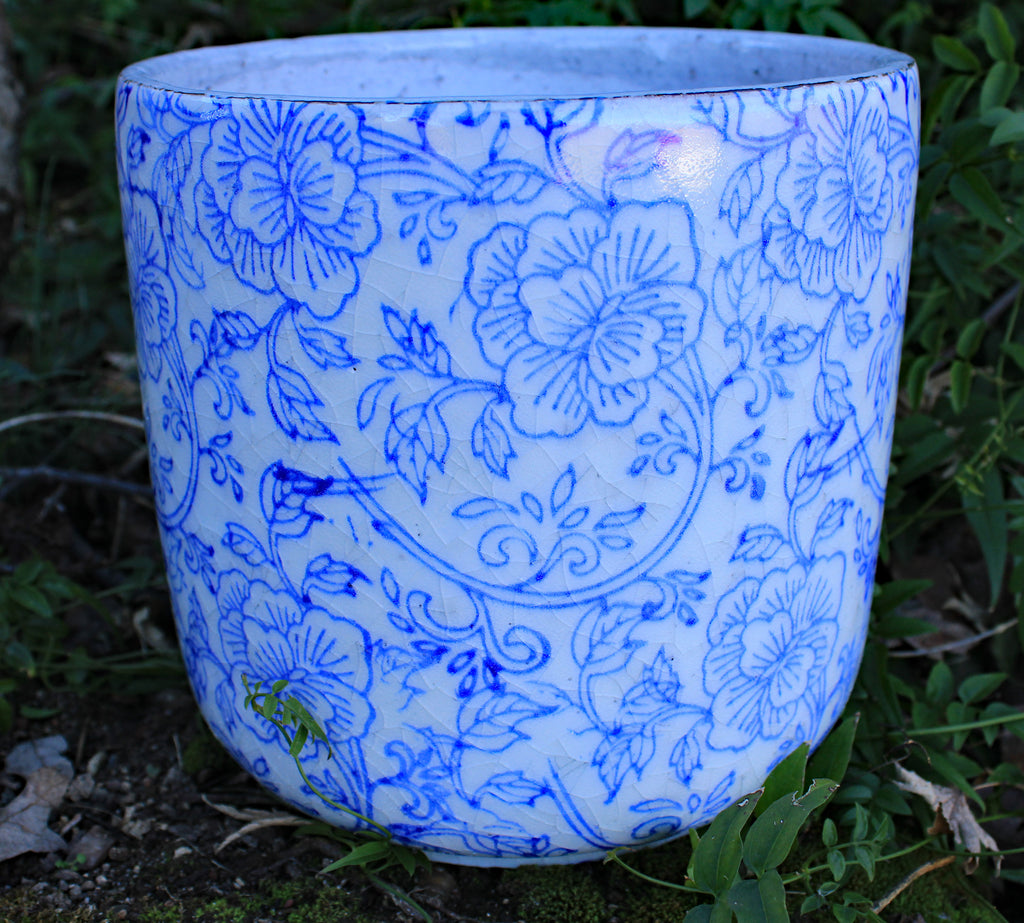 Old World Ceramic Blue and White Flower Pattern Cylindrical Planters