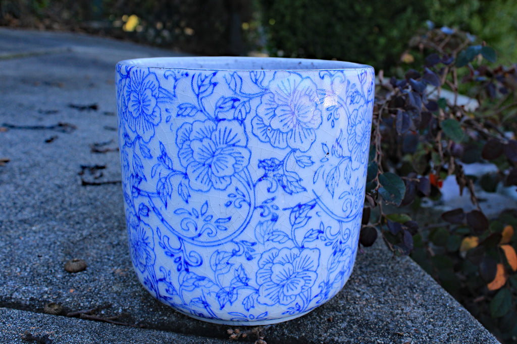 Old World Ceramic Blue and White Flower Pattern Cylindrical Planters