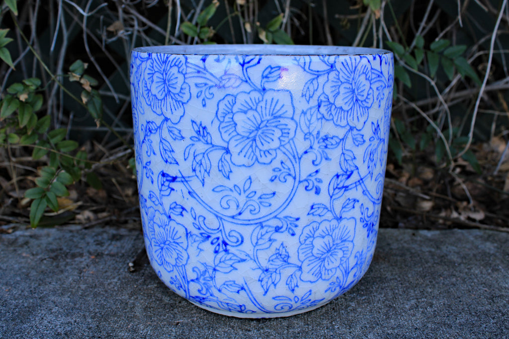 blue and white ceramic pots for plants Old World Ceramic Blue and White Flower Pattern Cylindrical Planters – goodmanandwife